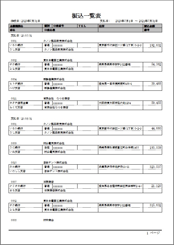 振込一覧表印刷イメージ