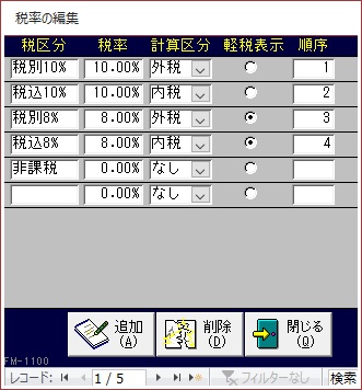 税率マスタ画面